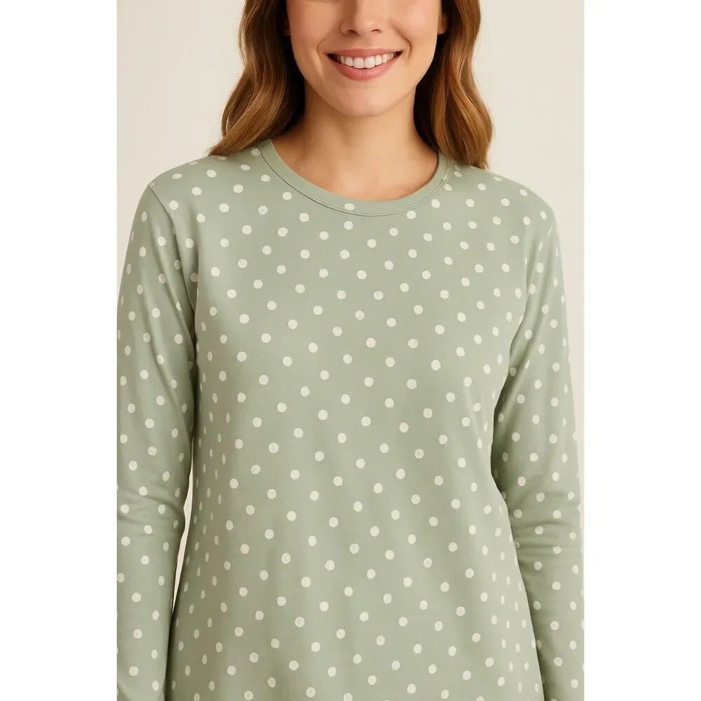 Lake Pajama Top Long Sleeve 100% Cotton Sage Green Dot Size Small